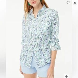 J Crew Button Up Shirt XL White Blue Ditsy Floral Lightweight Stretch Cotton
